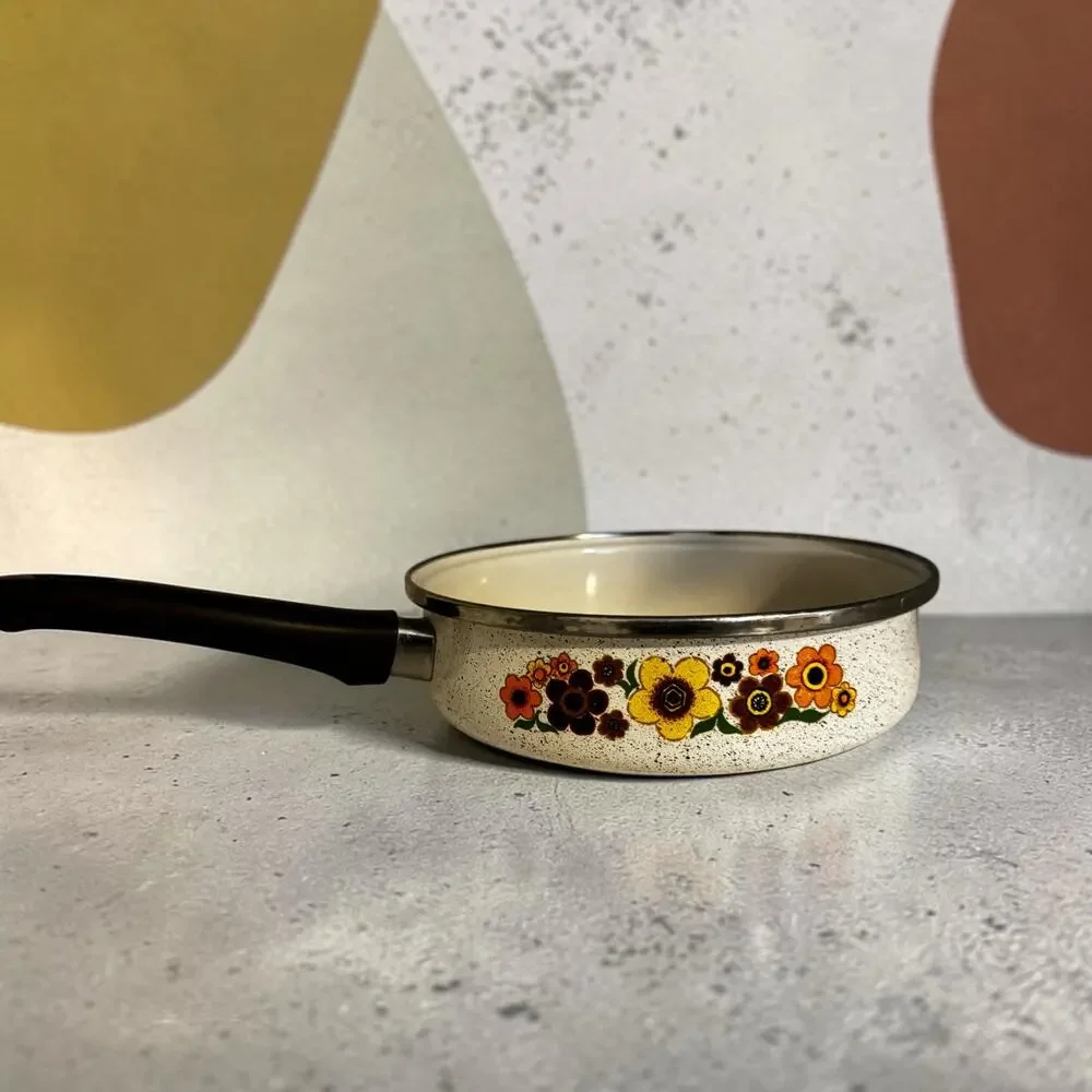 Vintage 1970s Speckled Enamelware Skillet Pan Orange Yellow Brown Floral